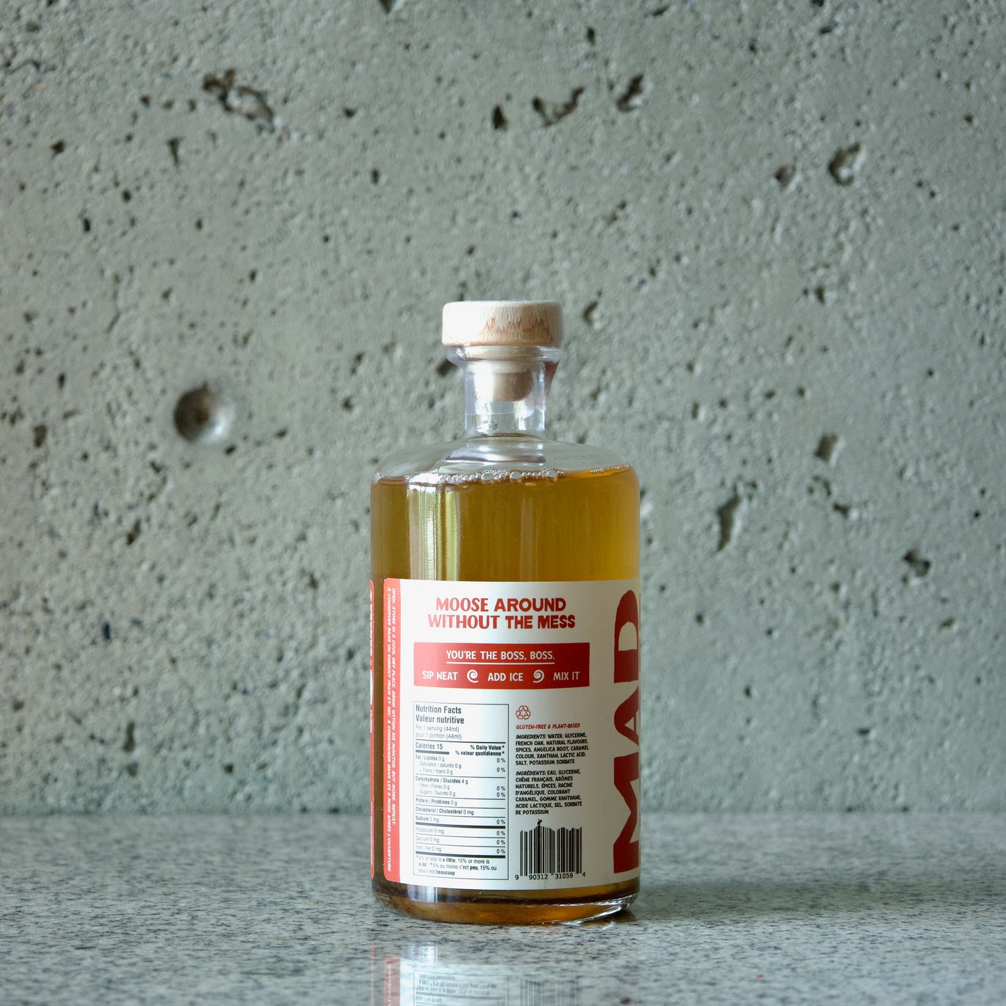 Label side of bottle of Mad Moose non-alcoholic whiskey
