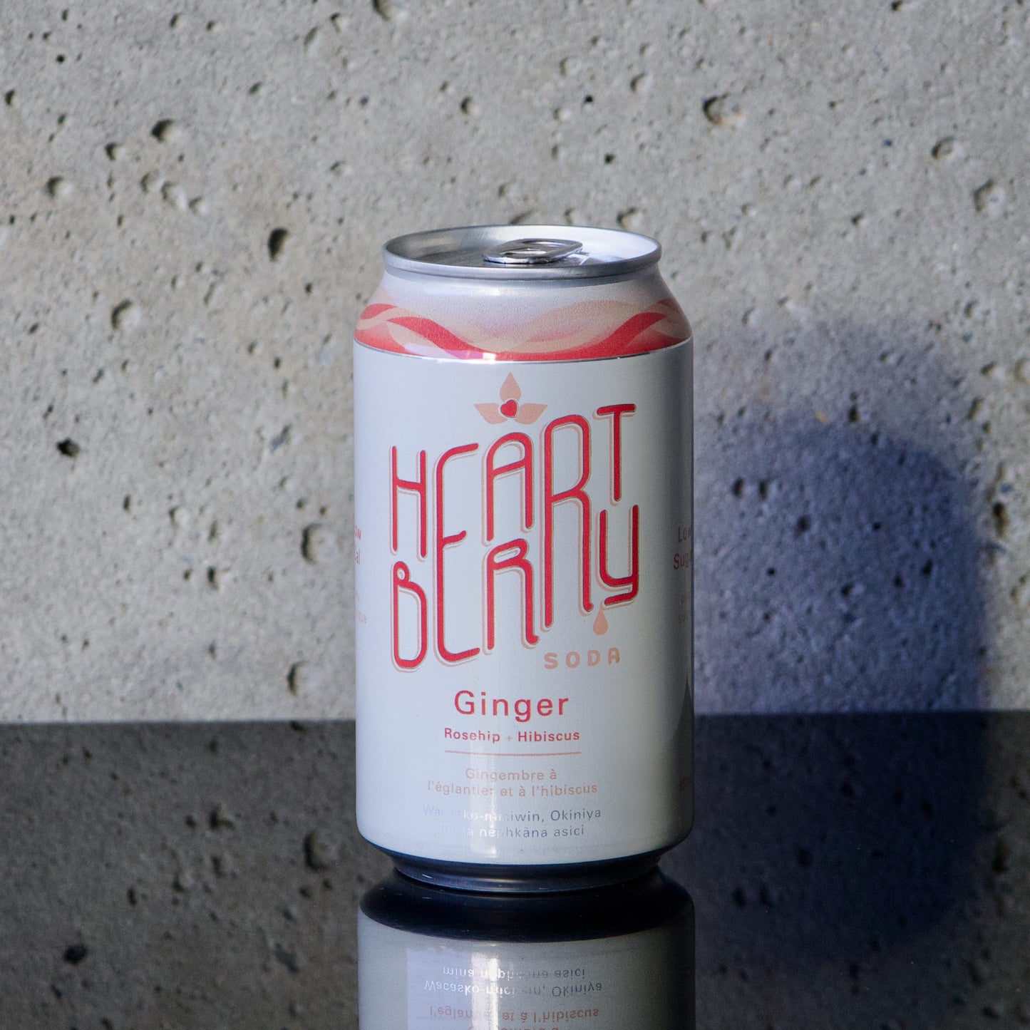 Heartberry Ginger and Rosehip Soda can in soft light