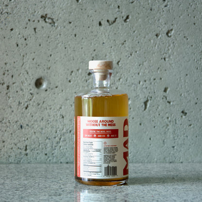 Label side of bottle of Mad Moose non-alcoholic whiskey